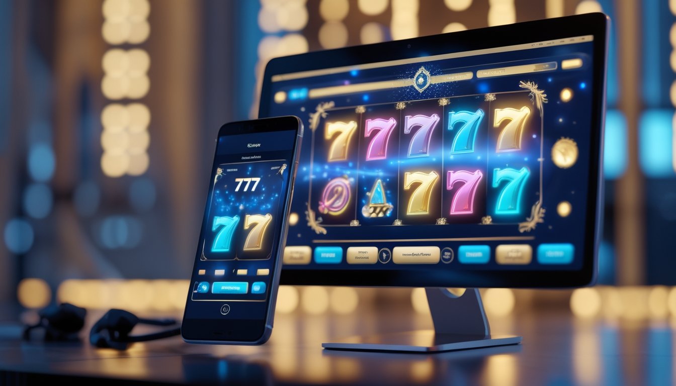 Monitor dan ponsel menampilkan antarmuka permainan slot digital berwarna-warni di meja kerja modern.