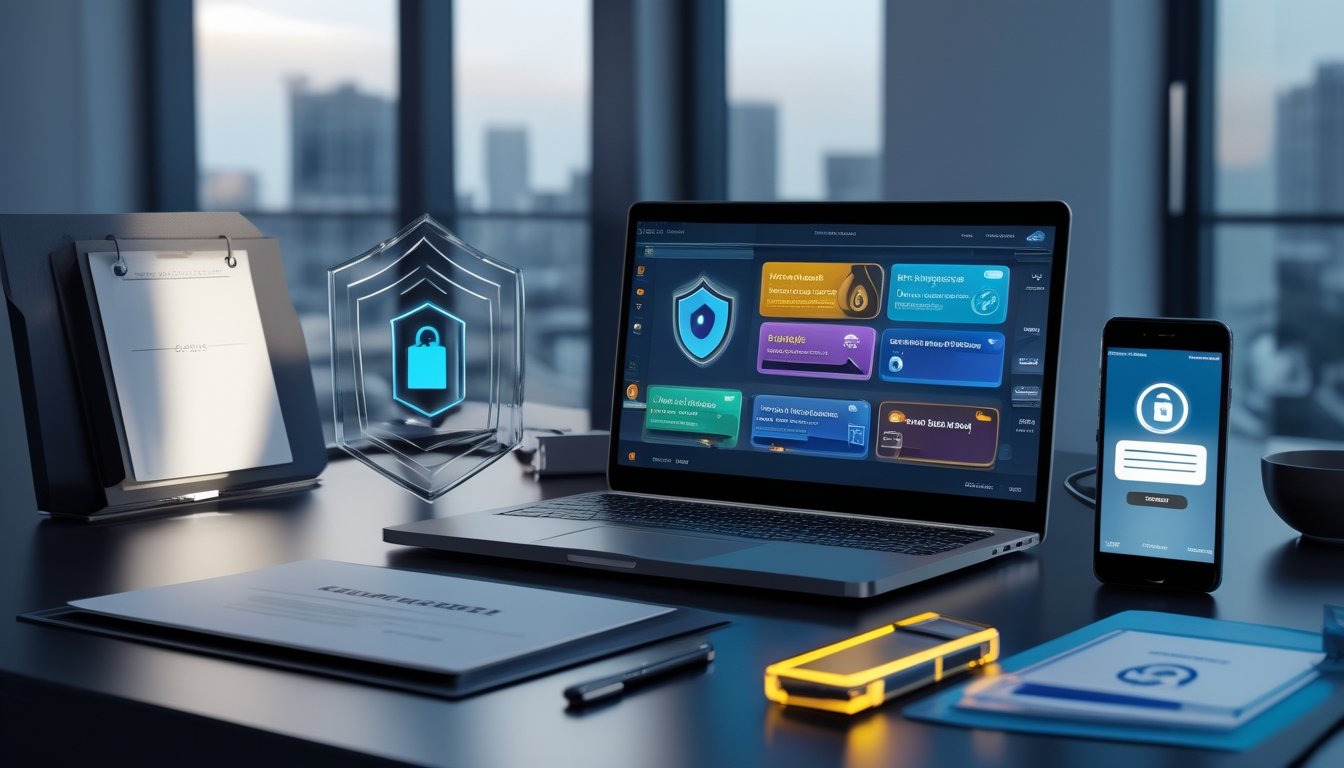 Laptop dan ponsel dengan tampilan platform digital, simbol gembok keamanan, serta dokumen legalitas di meja modern.