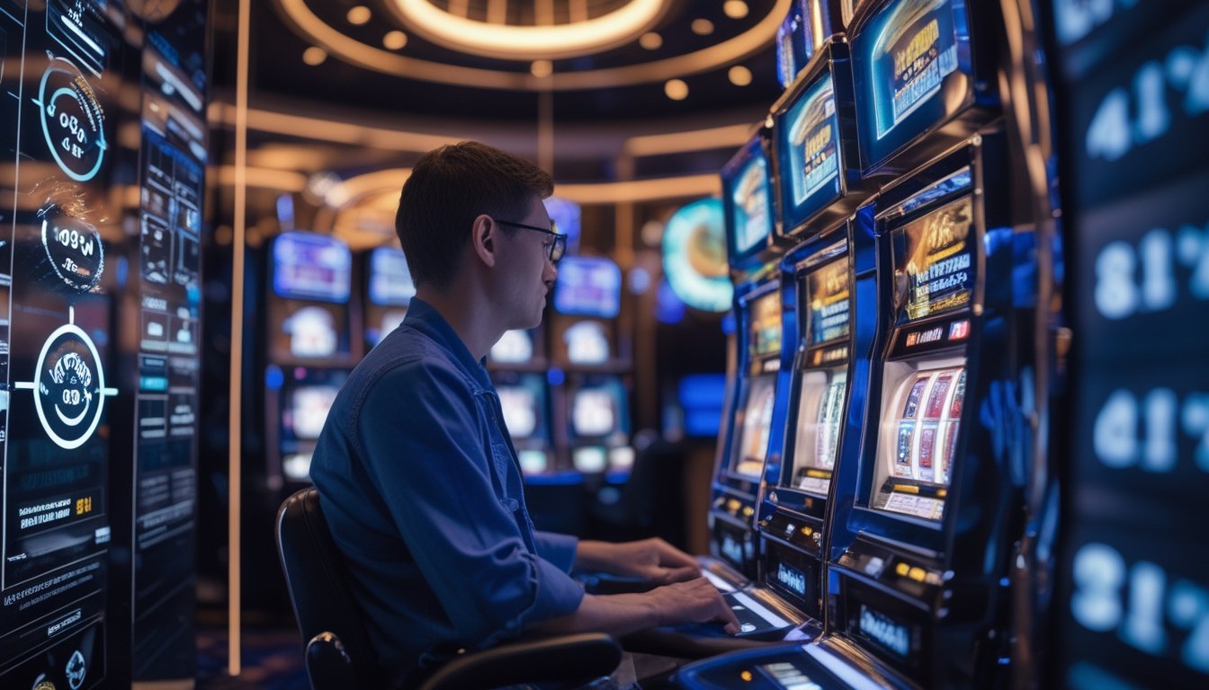 Pemain dewasa mengamati mesin slot modern dengan grafik abstrak yang menggambarkan peluang dan analisis.
