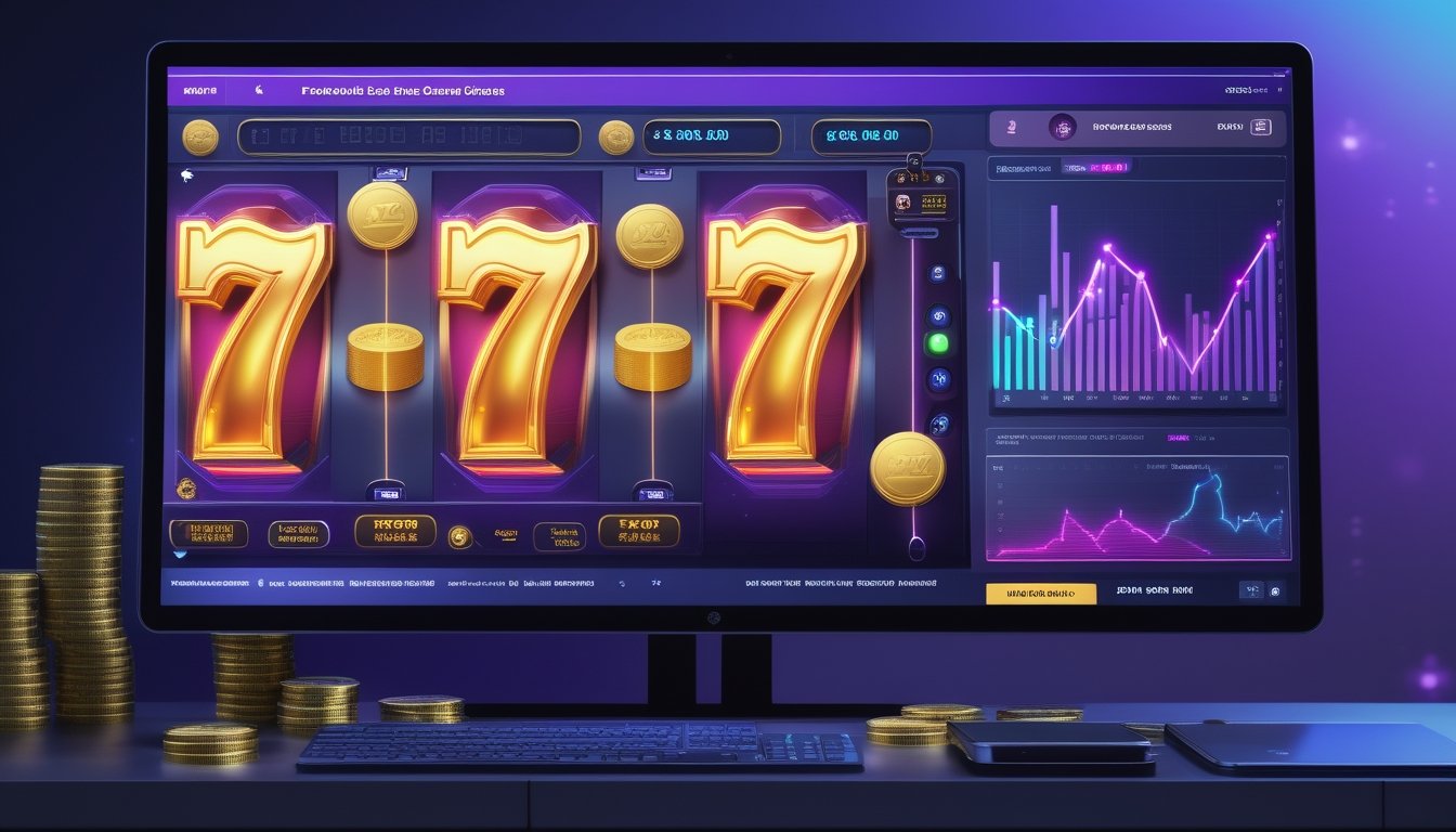 Monitor dan ponsel menampilkan antarmuka permainan slot dengan simbol angka tujuh bercahaya, grafik, dan aksen emas.