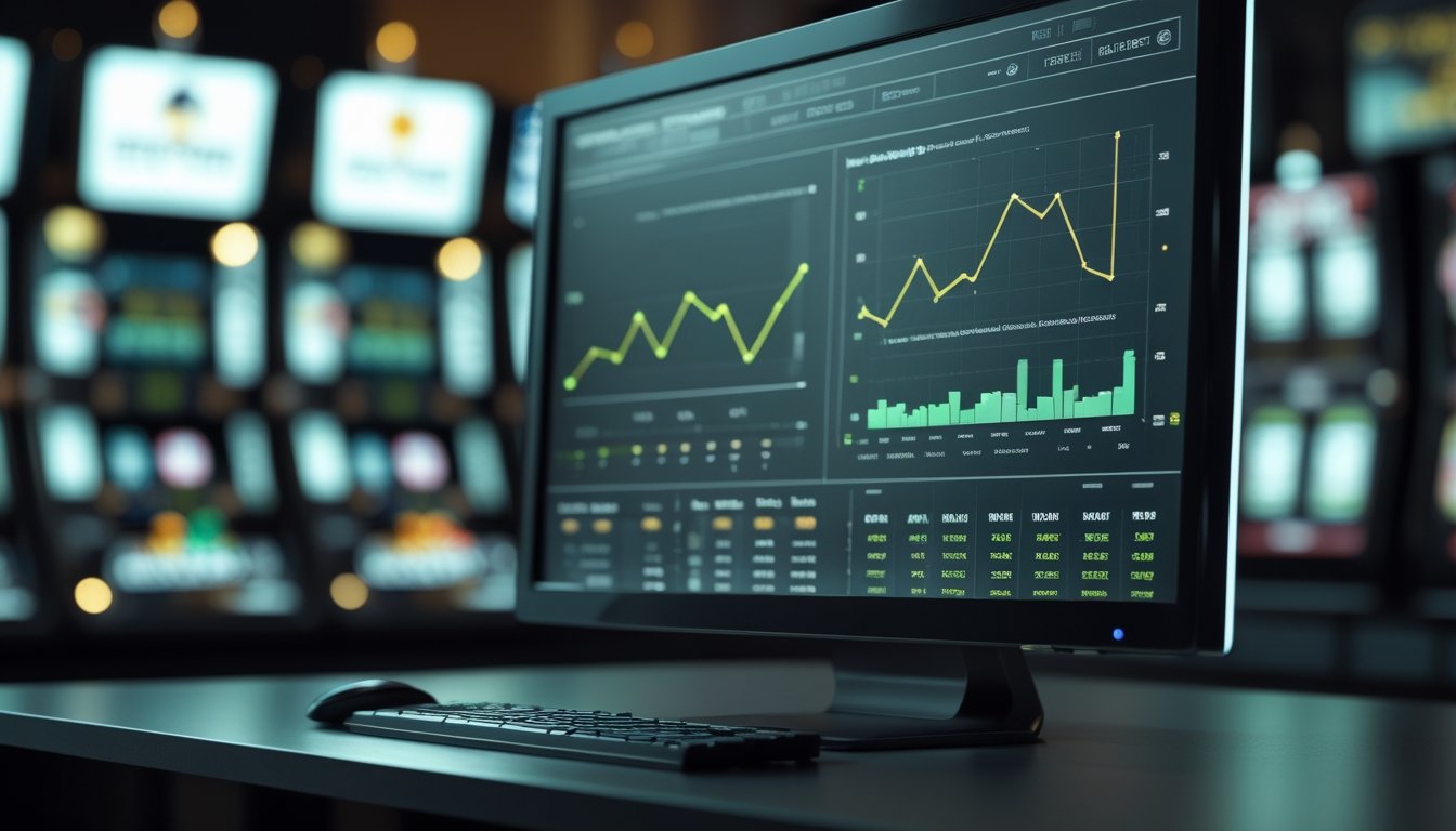 Meja kerja modern dengan monitor yang menampilkan grafik analisis dan elemen mesin slot yang tampak samar di latar belakang.