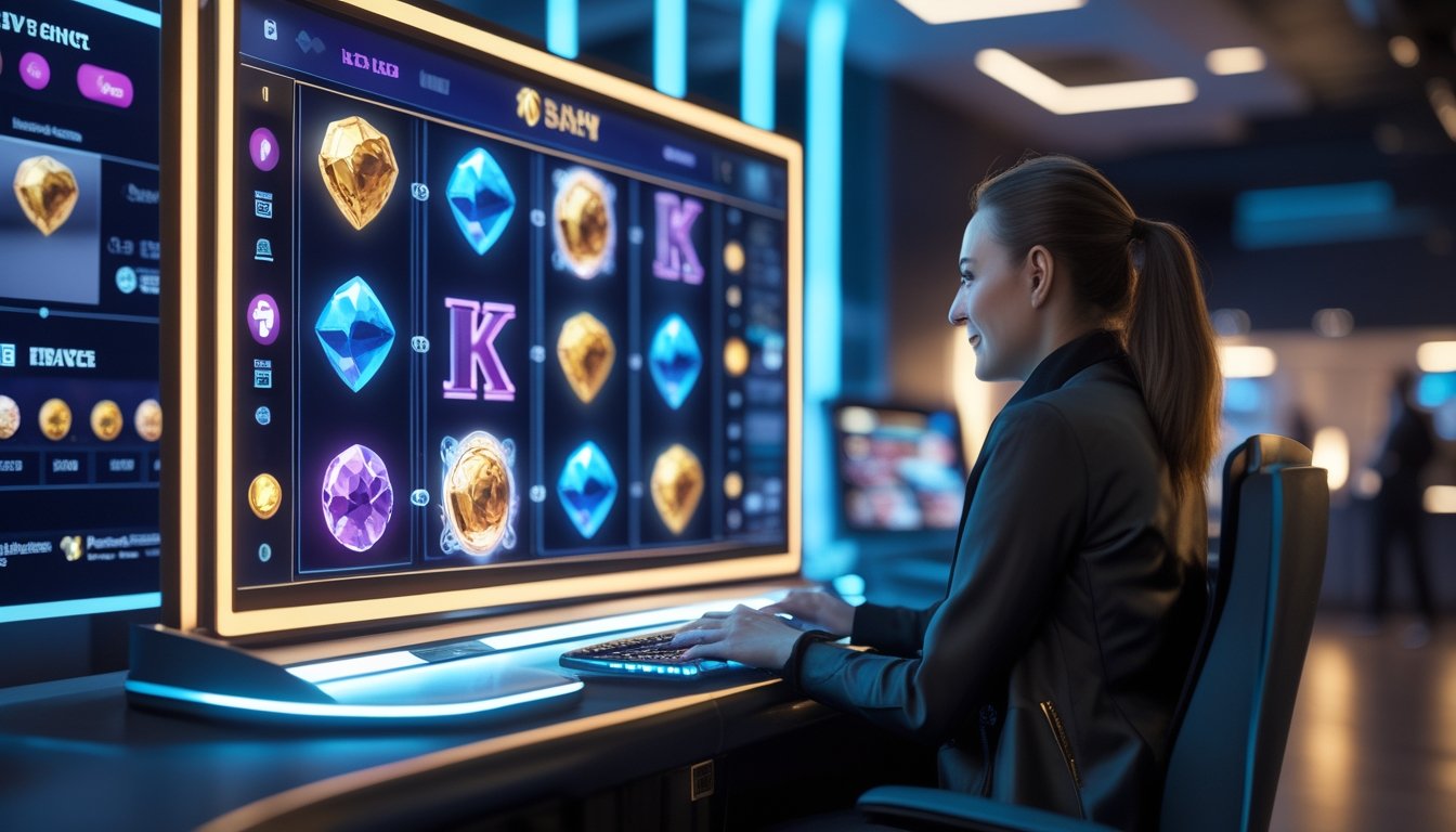 Seseorang memainkan permainan slot digital modern di ruang hiburan yang futuristis.