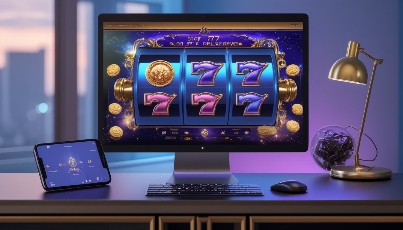 Komputer dan ponsel menampilkan permainan slot digital bernuansa mewah dengan pencahayaan biru, ungu, dan emas.