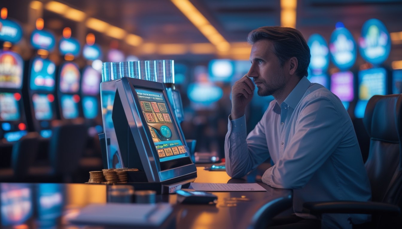 Seorang pemain dewasa mengamati mesin slot dengan simbol abstrak risiko dan probabilitas di lingkungan kasino modern.