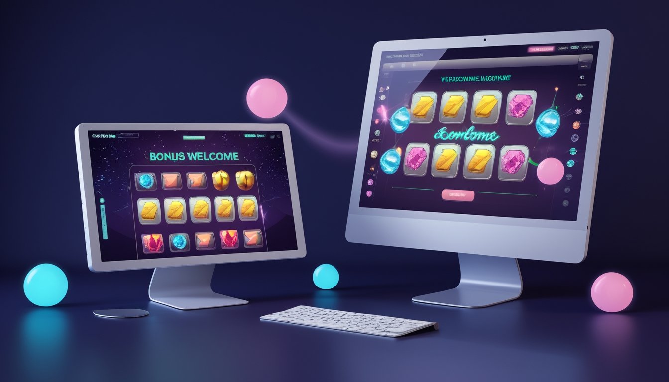 Perangkat komputer dan ponsel menampilkan antarmuka permainan slot digital dengan warna ungu, biru, dan emas.