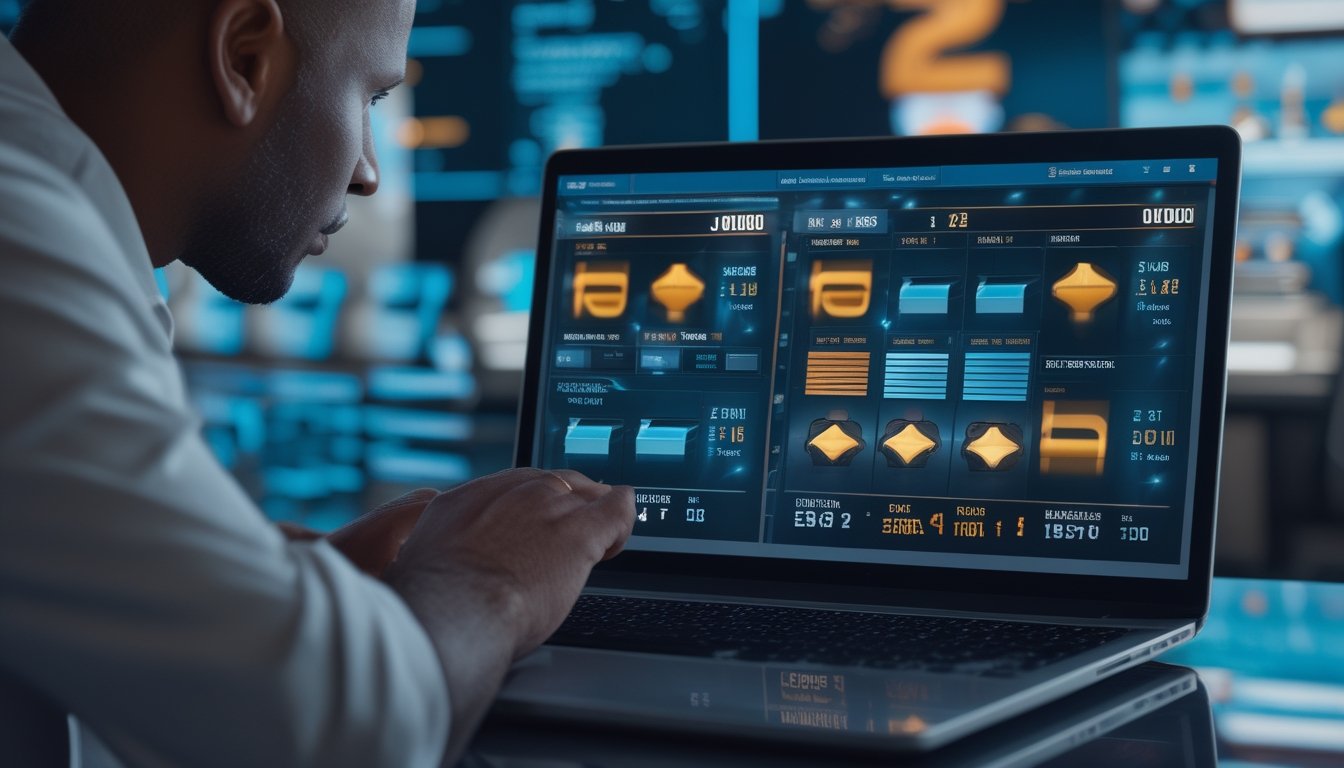 Seorang analis dewasa mempelajari grafik probabilitas abstrak di laptop dalam suasana bertema kasino modern.