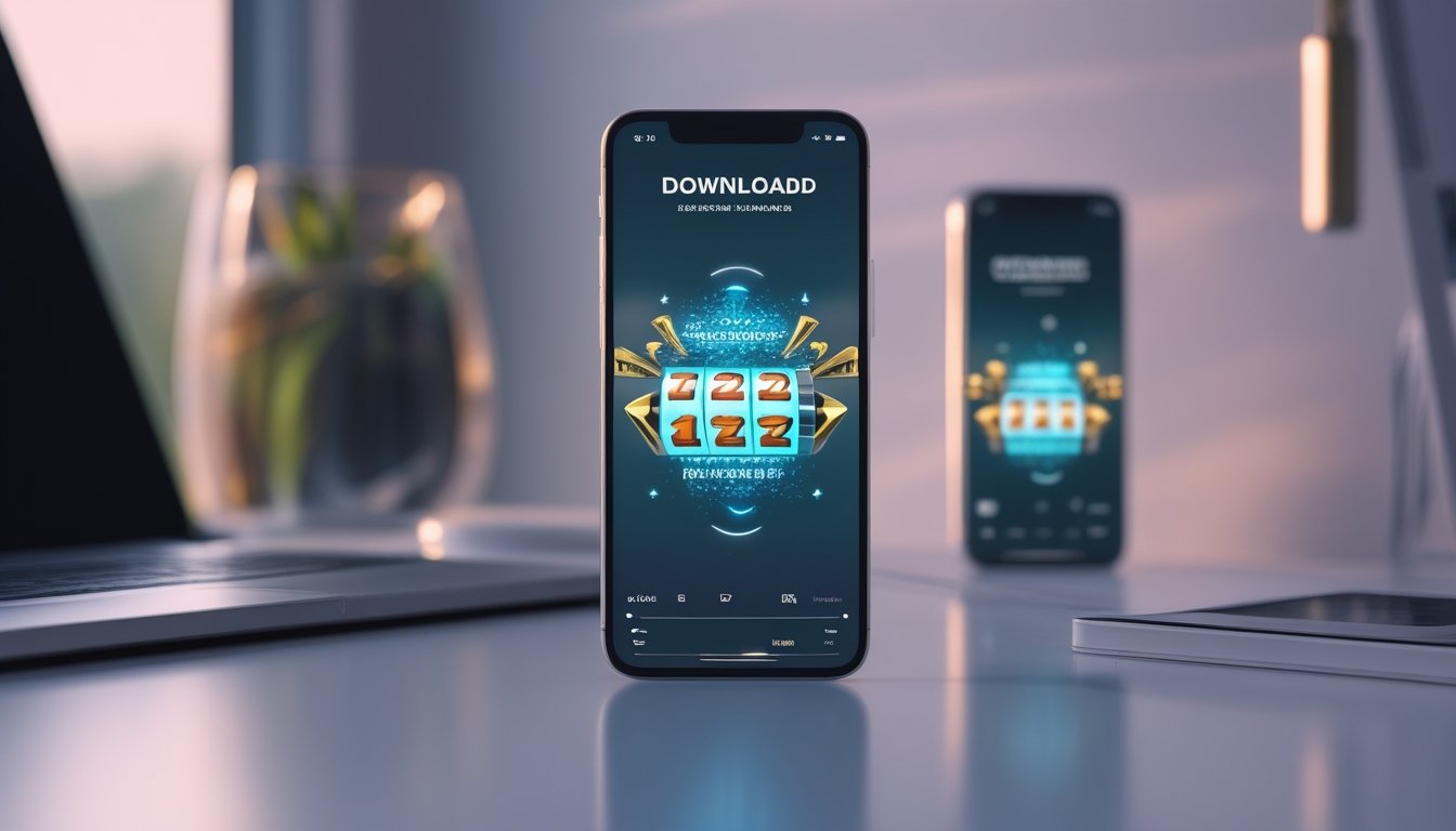 Ponsel pintar menampilkan permainan digital bergaya kasino dengan simbol unduhan di meja kerja modern.