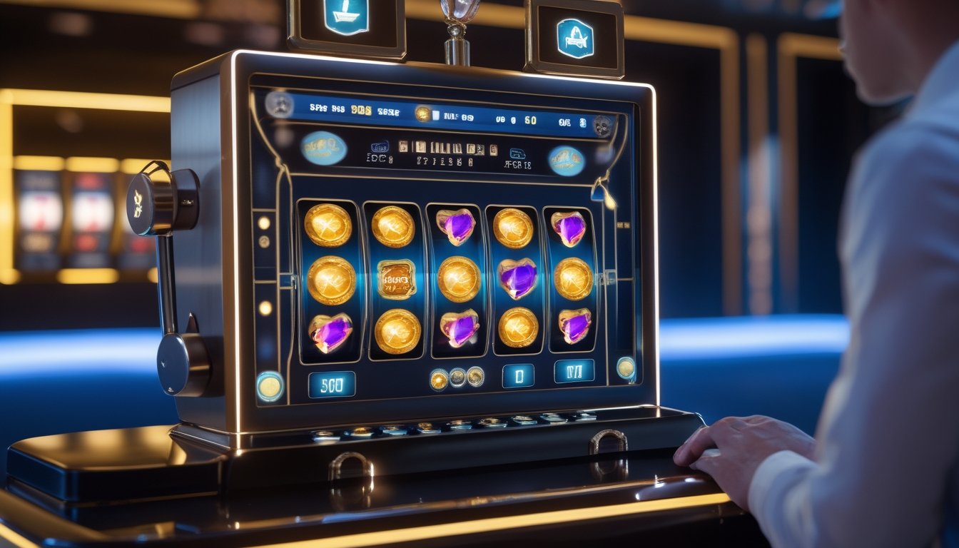 Seseorang bermain mesin slot modern di dalam kasino dengan pencahayaan mewah.