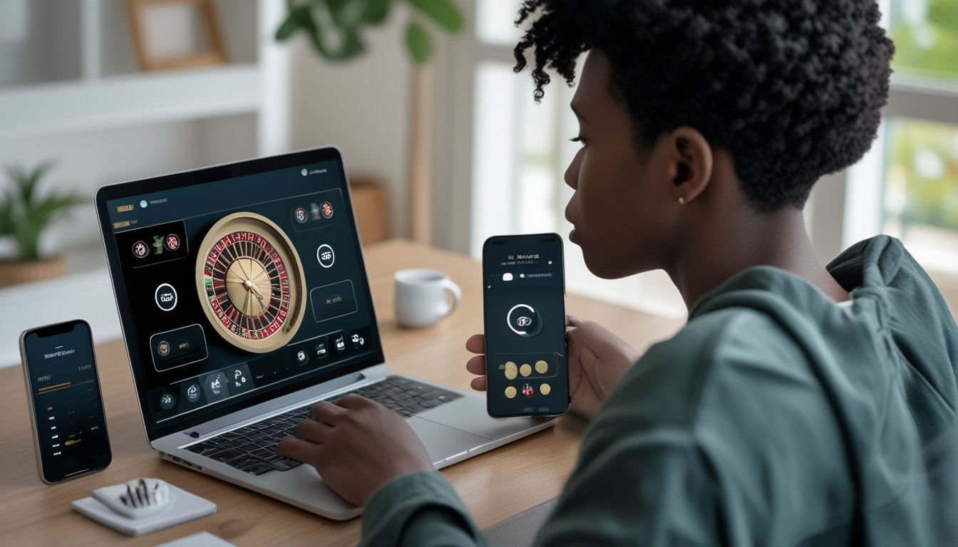 Seorang pemula menggunakan laptop untuk bermain roulette online dengan taruhan kecil di meja kerja modern.
