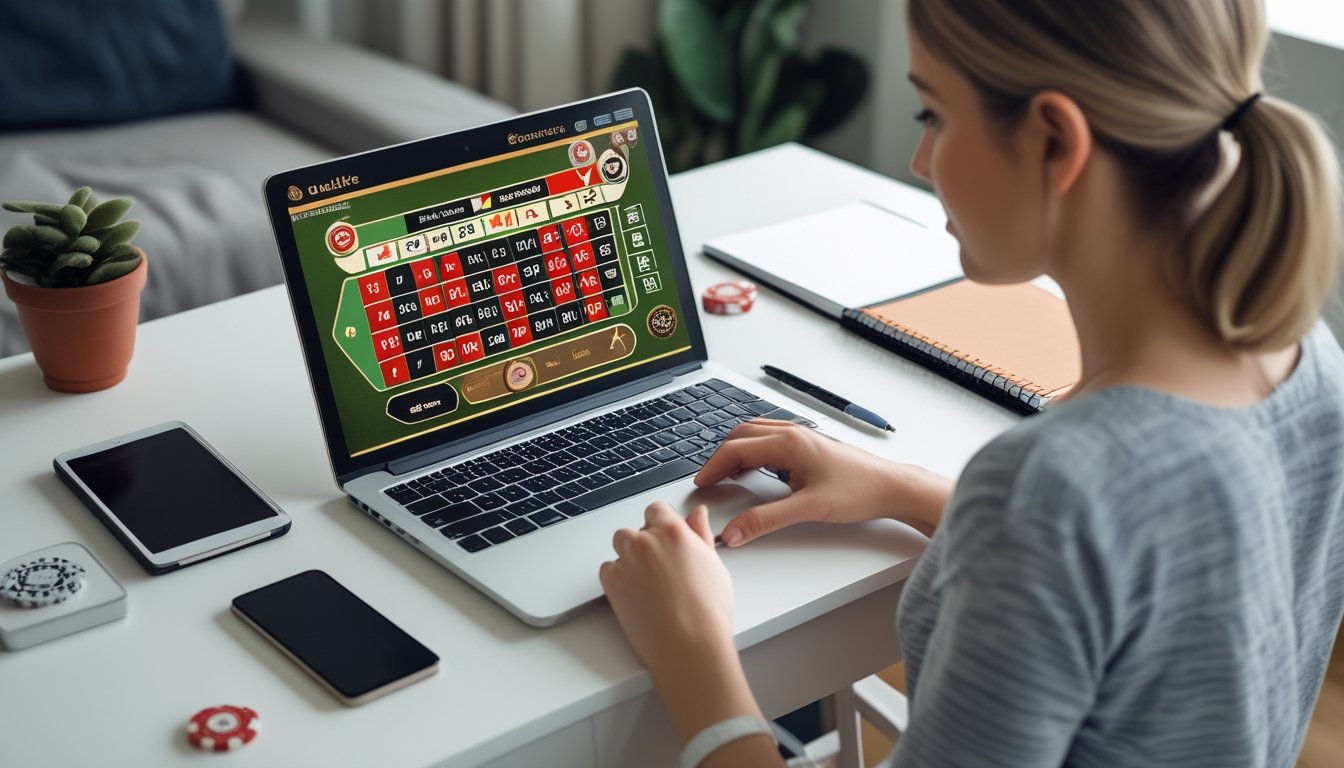 Pemula mempelajari roulette online dengan laptop, catatan, kalkulator, dan chip taruhan bernilai kecil di meja.