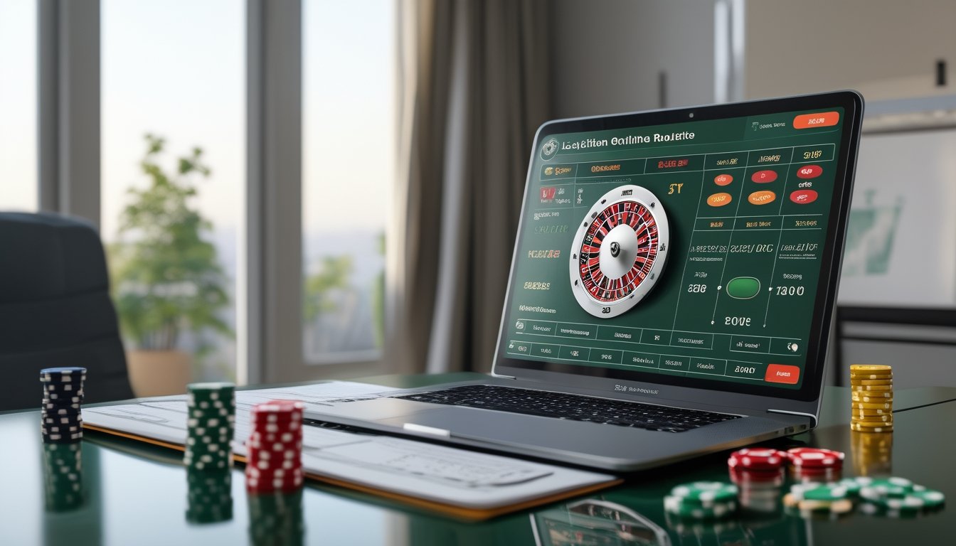 Seseorang mempelajari permainan roulette melalui laptop dengan roda roulette dan keping taruhan di meja.