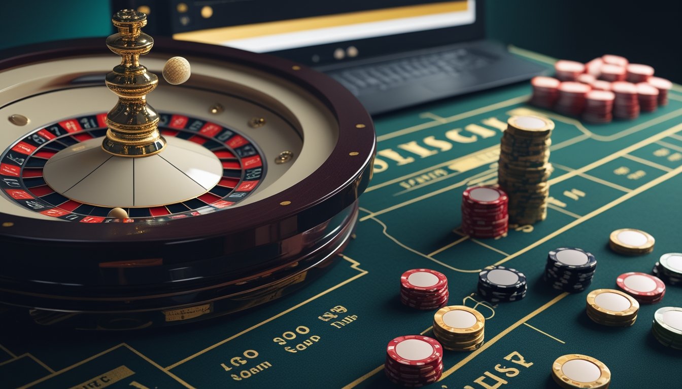 Roda roulette dan keping taruhan tersusun di meja kasino modern dengan layar permainan digital di latar belakang.