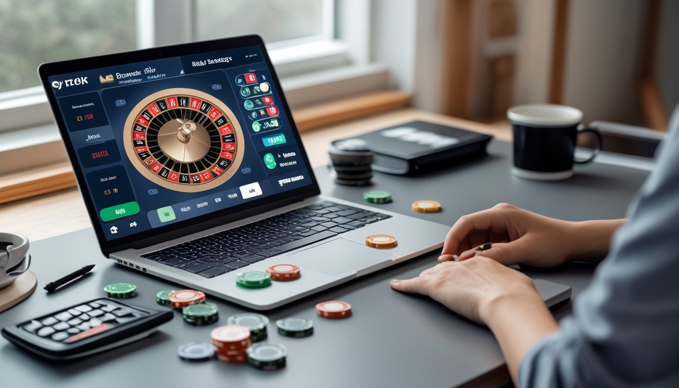 Tangan pemula menata keping taruhan di samping laptop yang menampilkan roda roulette.