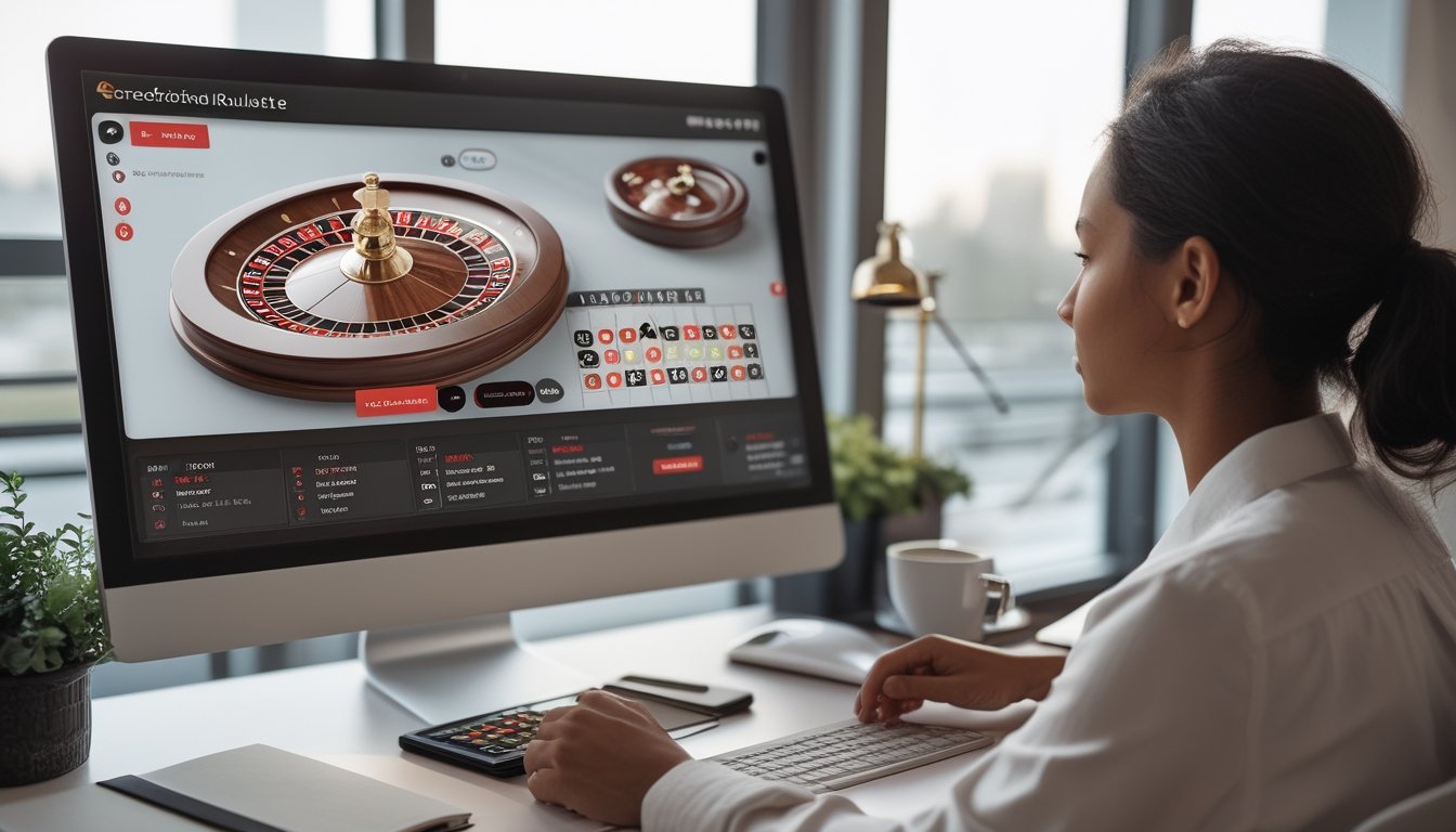 Pemula mempelajari permainan roulette online di meja kerja dengan roda roulette, catatan, dan kalkulator.
