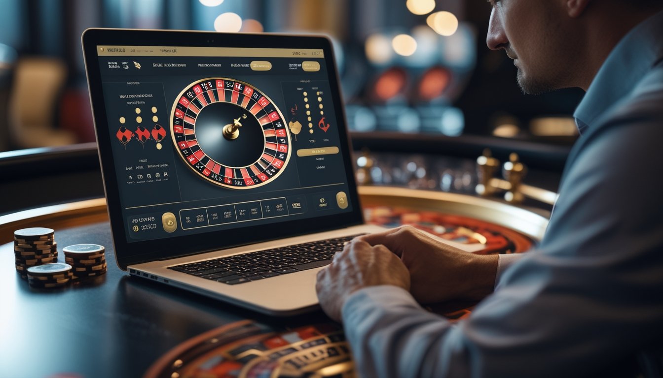 Seorang pemain mengamati roda roulette dan laptop dengan grafik taruhan di meja kasino.