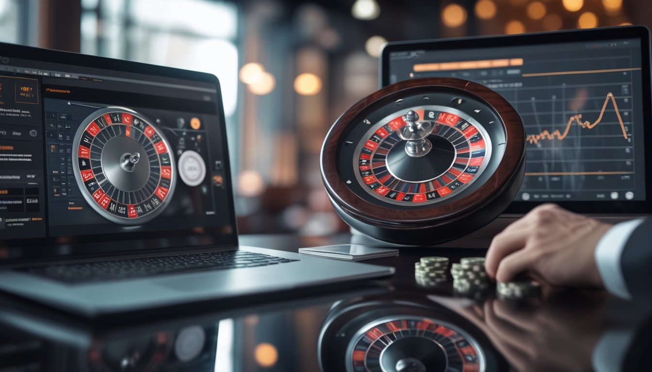 Roda roulette sedang berputar di atas meja kasino dengan perangkat digital buram di latar belakang.