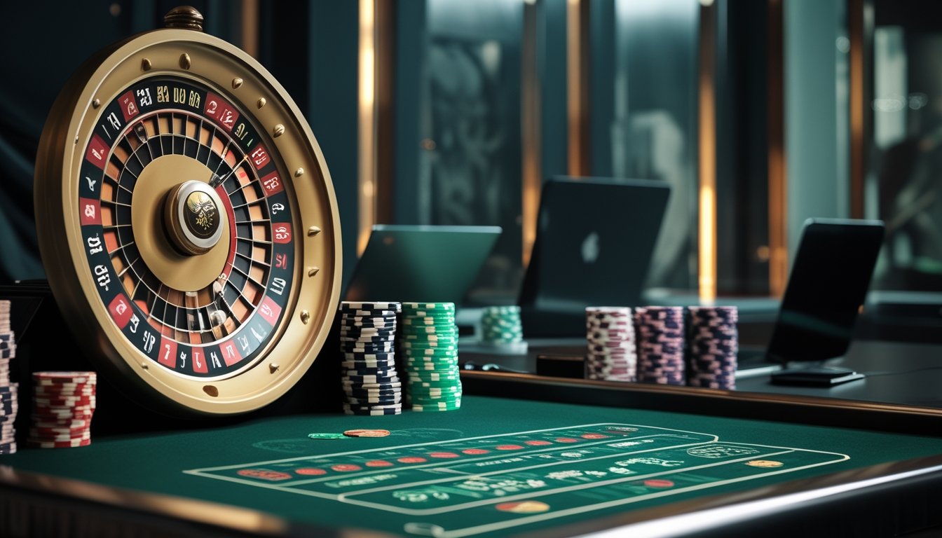 Roda roulette Eropa dan Amerika dengan keping kasino di atas meja hijau, disertai perangkat digital di latar belakang.