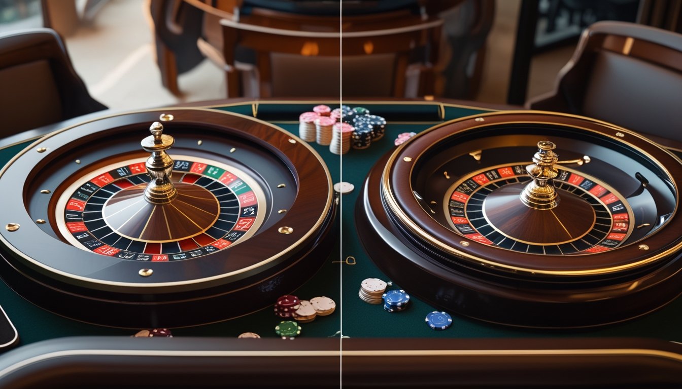 Dua roda roulette disertai, satu dengan angka nol tunggal dan satu dengan nol ganda, disertai keping taruhan.