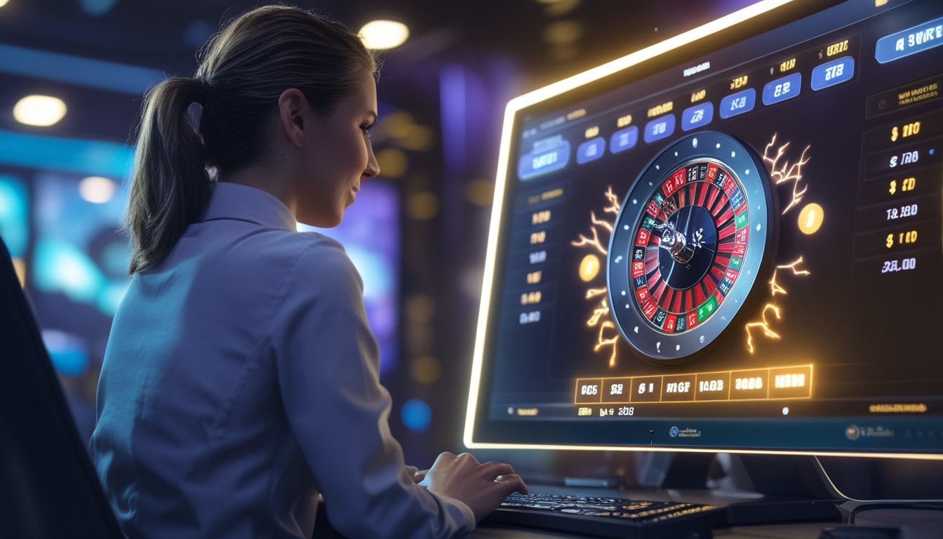 Pemain dewasa melihat permainan roulette digital dengan roda bercahaya dan efek kilat pada beberapa posisi kemenangan.