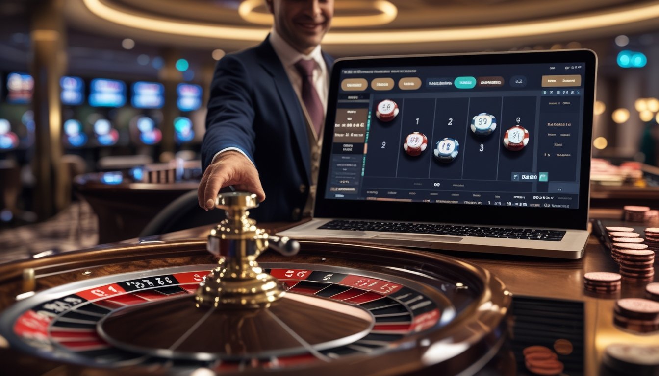 Seorang dealer memandu permainan roulette langsung dengan roda roulette dan keping taruhan di depan layar kasino daring.