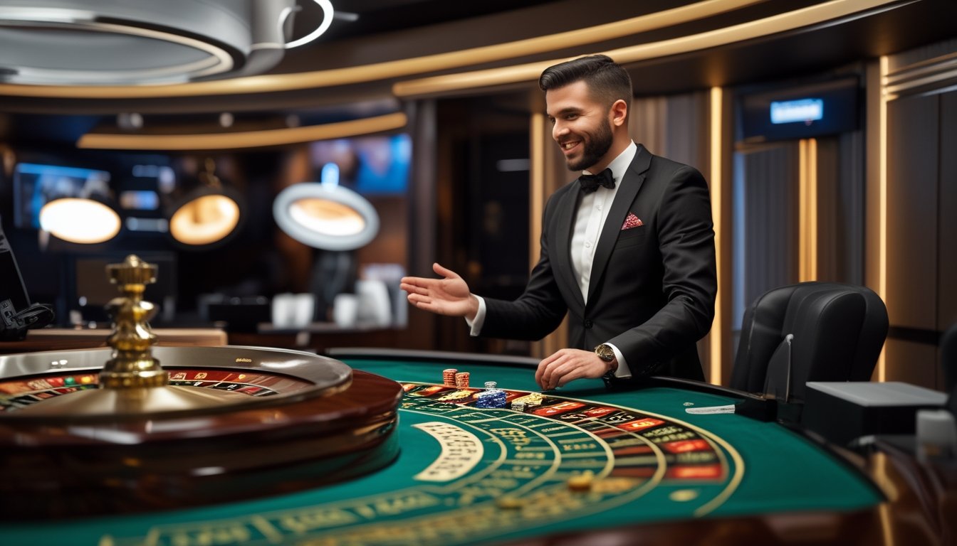 Dealer memandu permainan roulette langsung di meja kasino dengan roda roulette dan keping taruhan.