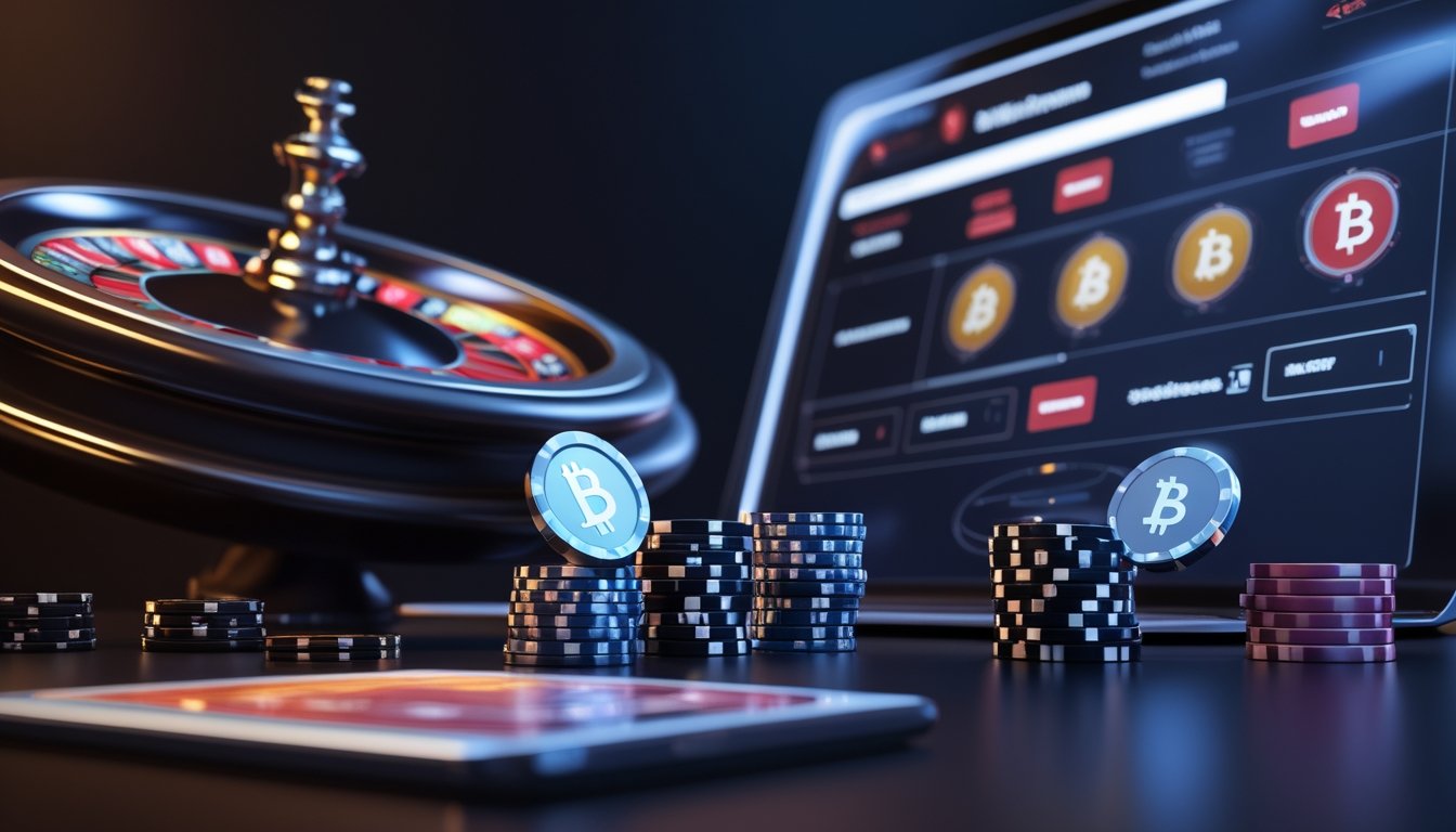 Roda roulette, keping kasino, dan perangkat digital dengan simbol transaksi cryptocurrency.