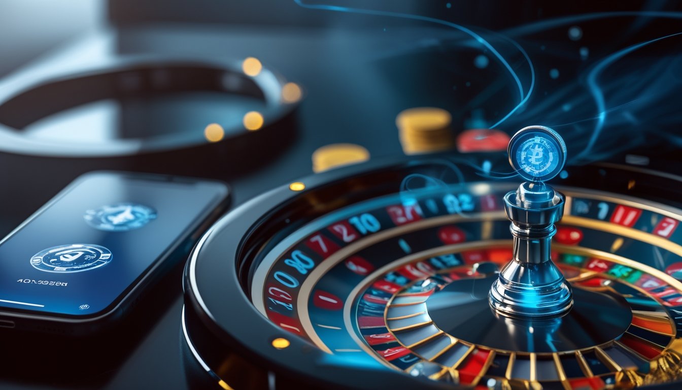 Roda roulette dan chip kasino di samping perangkat digital dengan ilustrasi pembayaran mata uang kripto.