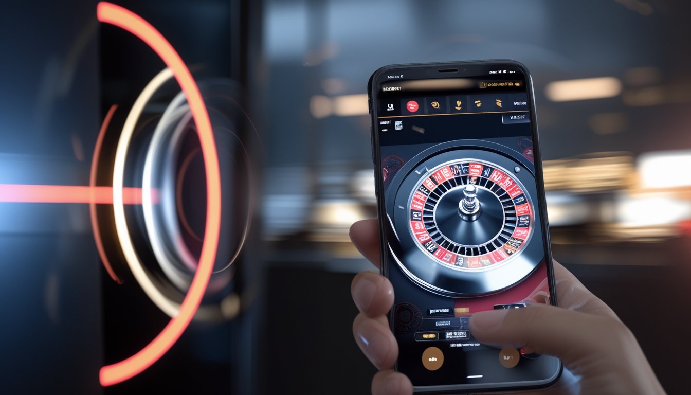 Seseorang memegang ponsel yang menampilkan roda roulette digital berputar cepat dengan efek cahaya.