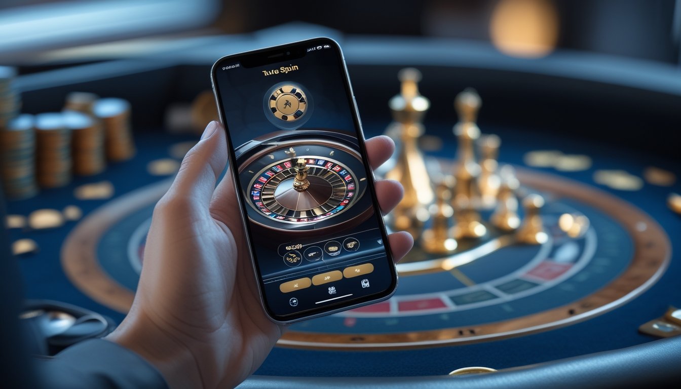 Tangan memegang ponsel yang menampilkan roda roulette berputar dengan latar meja kasino yang buram.