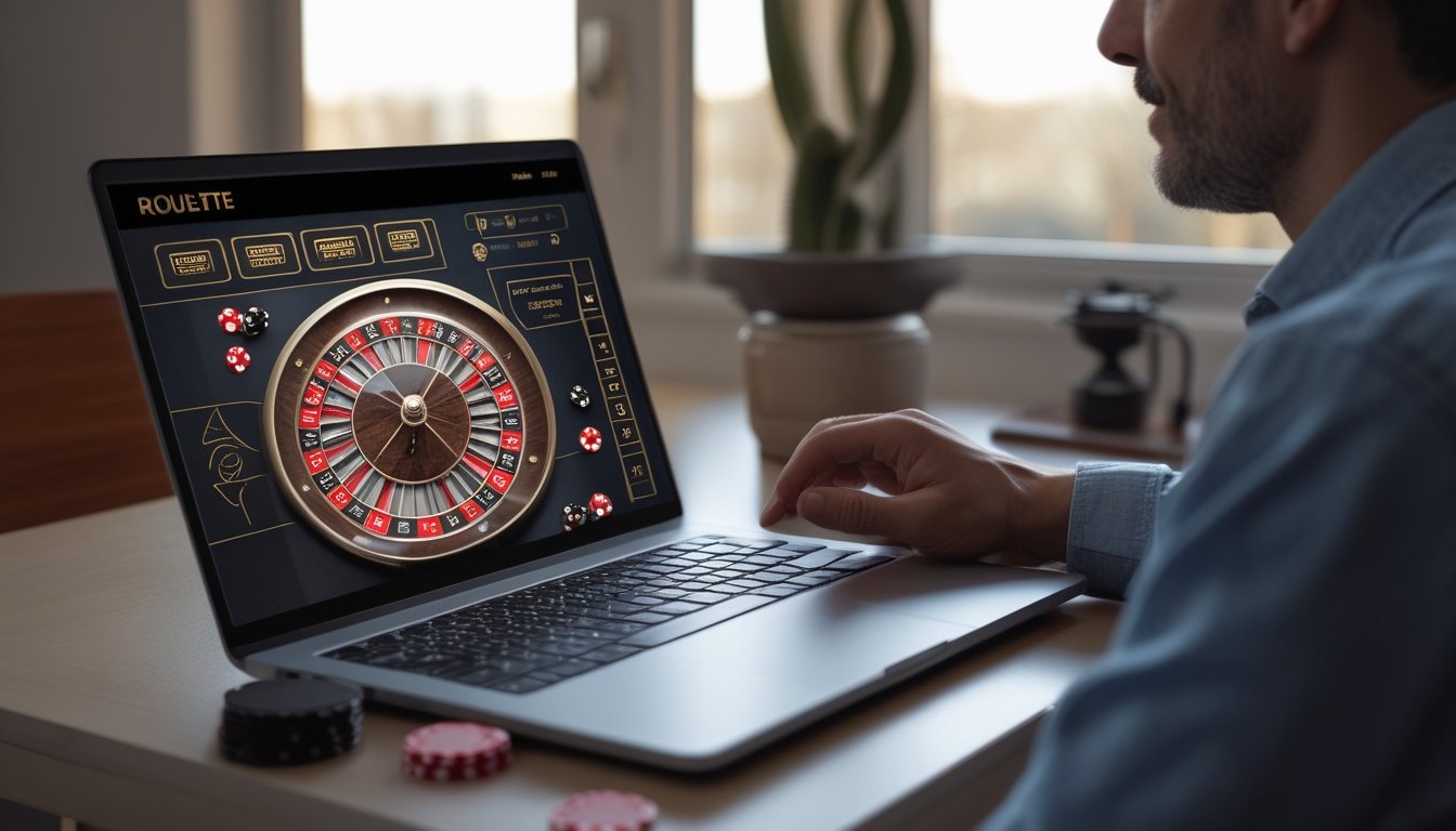 Orang dewasa santai memainkan roulette daring di laptop pada meja rumah.