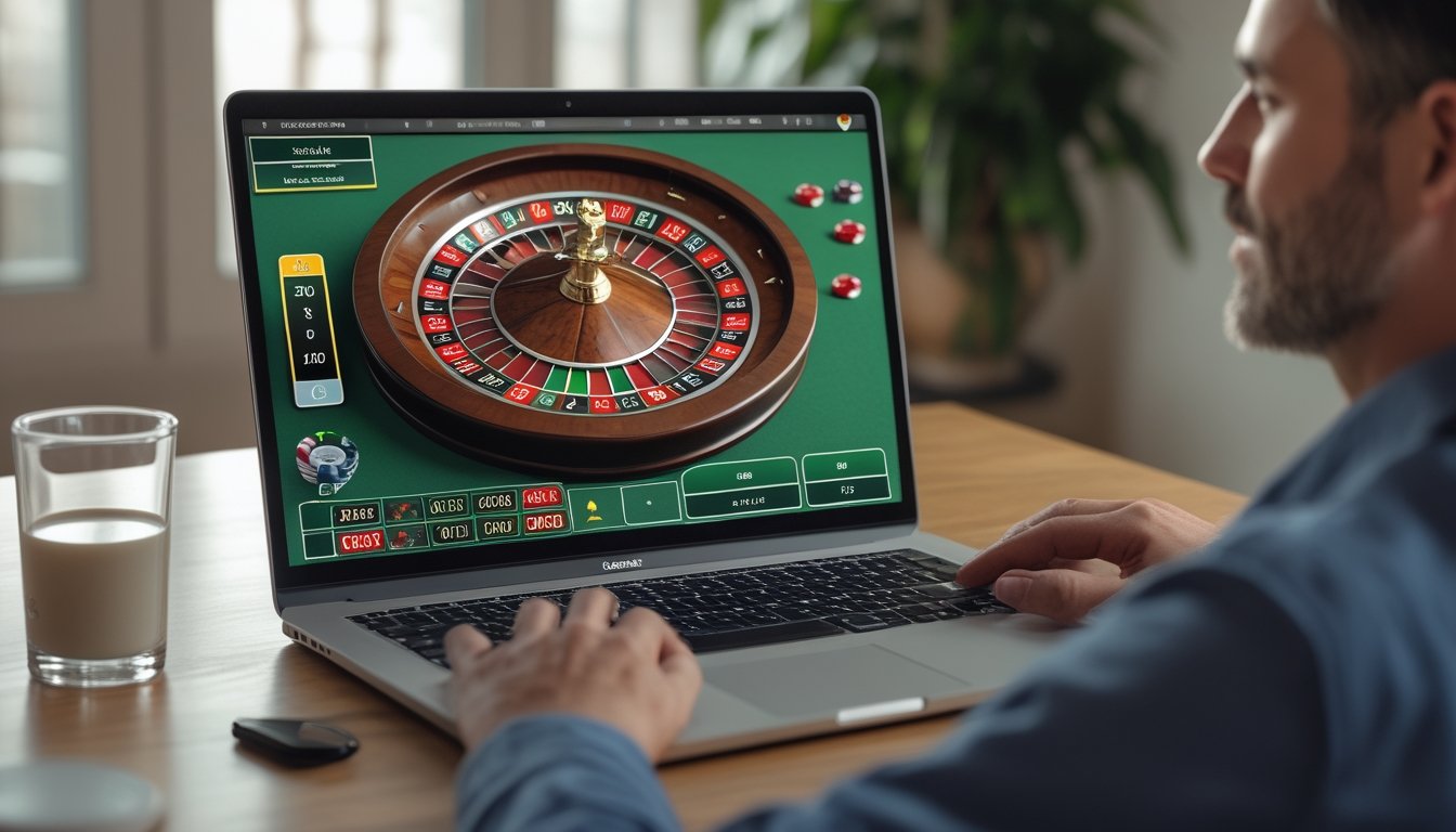 Seseorang santai memainkan permainan roulette online di laptop dengan roda roulette dan keping taruhan berdenominasi rendah.