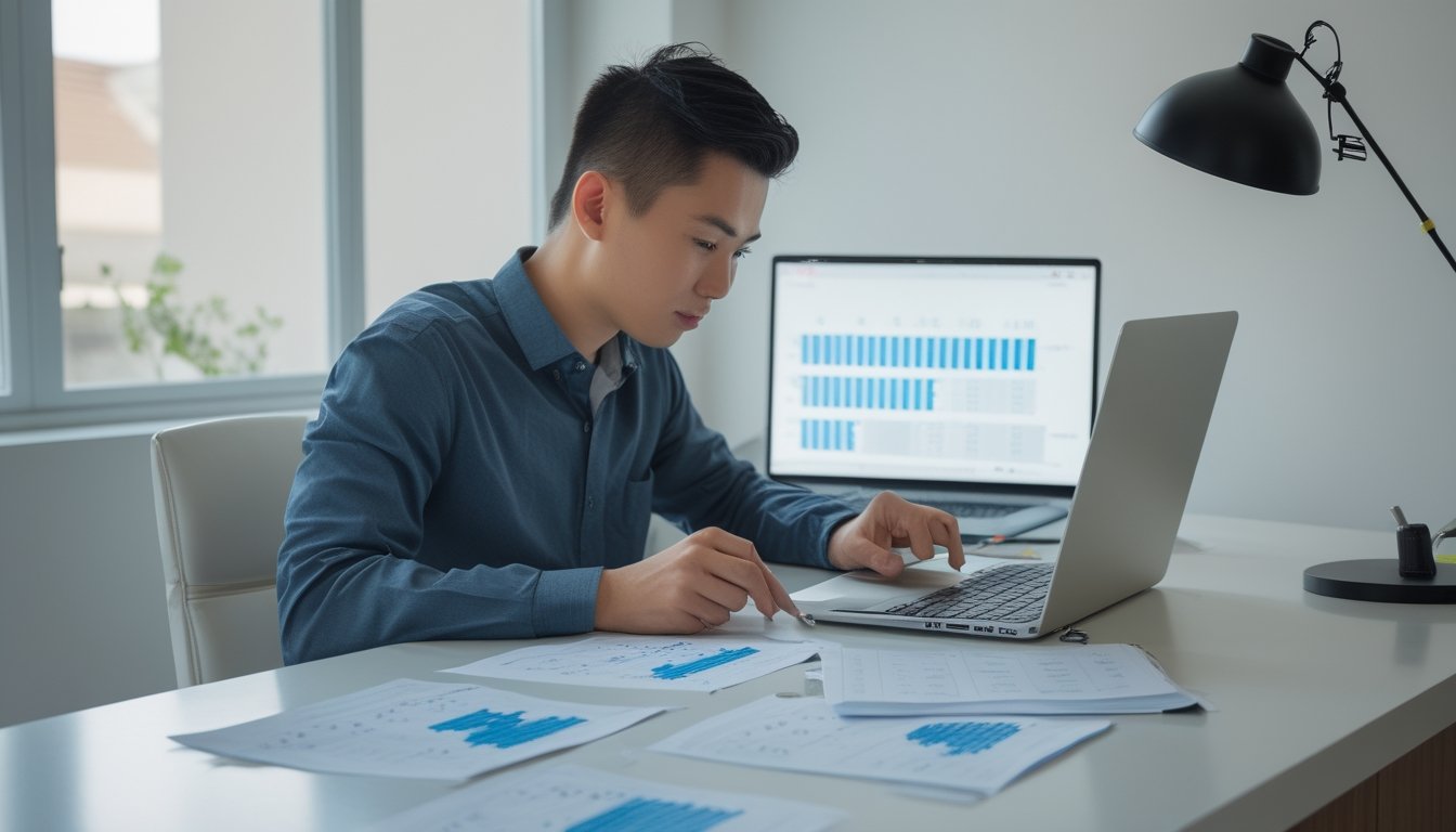 Seorang pemula mempelajari kombinasi angka tiga digit, grafik probabilitas, dan kalkulator di meja kerja.