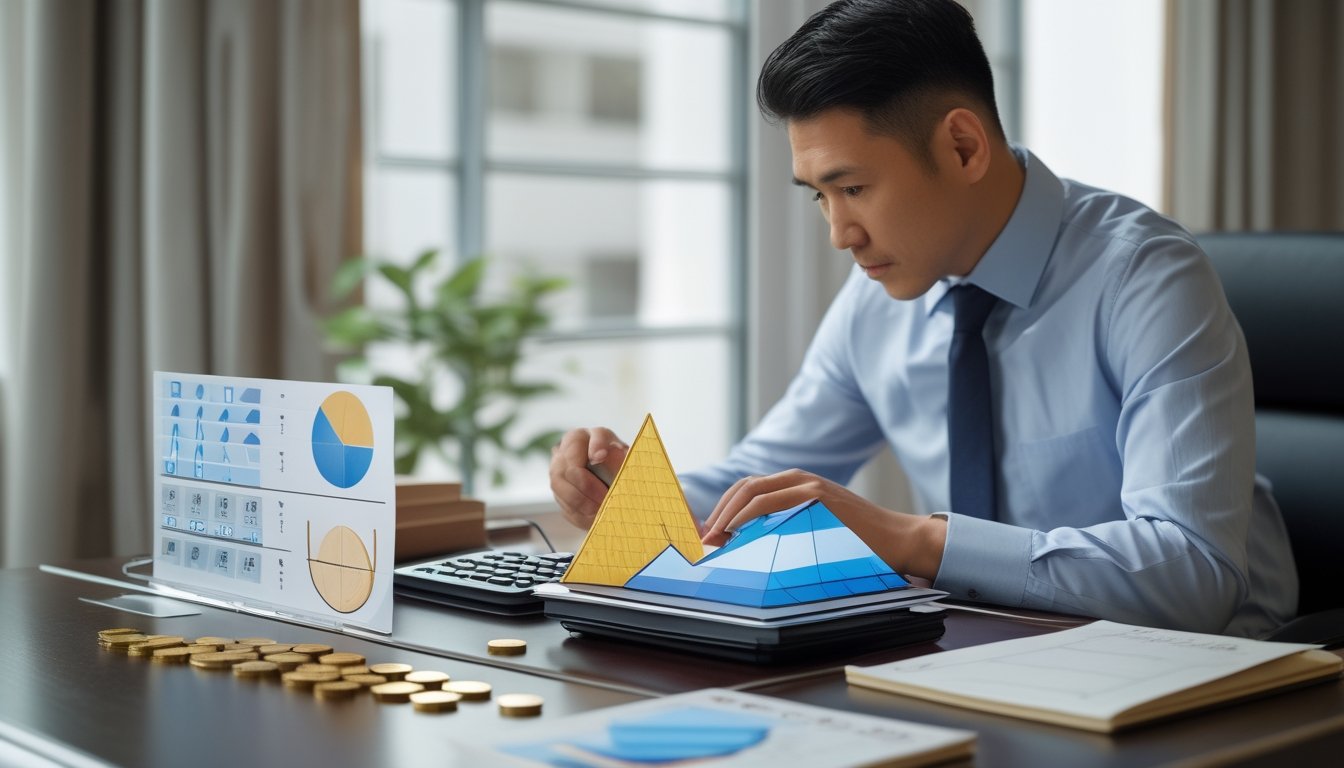 Seorang profesional menganalisis grafik angka dan koin di meja kerja.