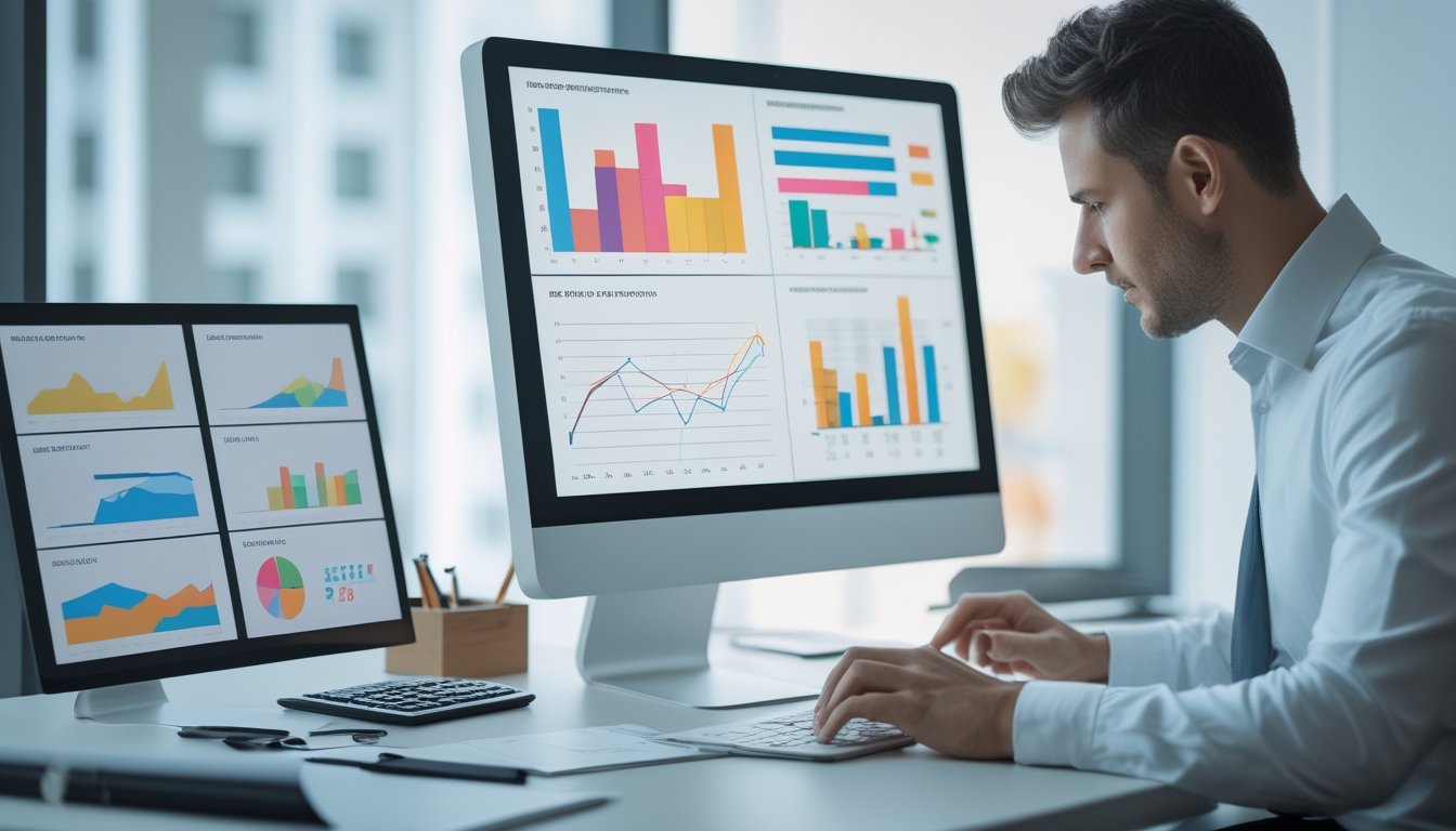 Seorang analis meninjau grafik dan catatan angka abstrak di meja kerja modern.
