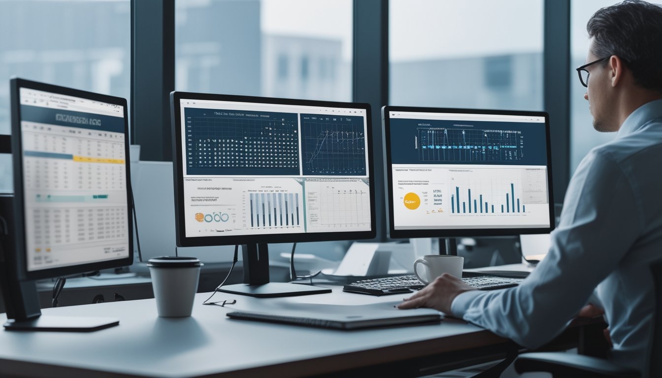 Seorang analis memeriksa grafik dan data numerik di meja kerja kantor.