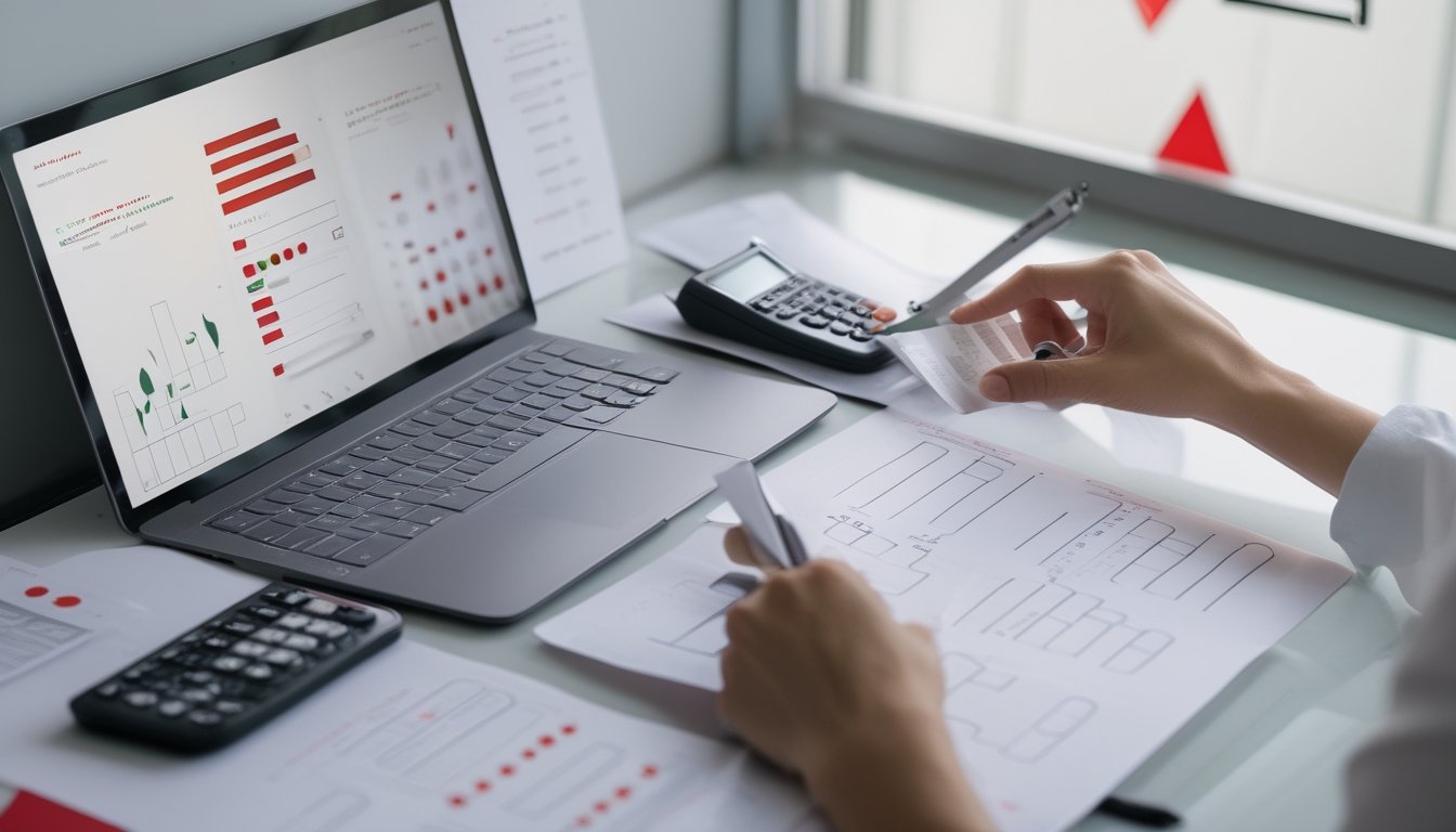 Seseorang menganalisis data abstrak di meja kerja dengan laptop, kalkulator, dan dokumen kosong.