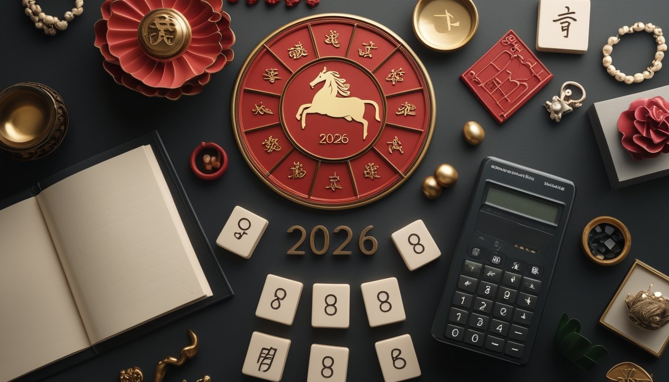 Komposisi meja dengan roda zodiak Tionghoa, simbol kuda, kalkulator, dan keping angka tiga digit.