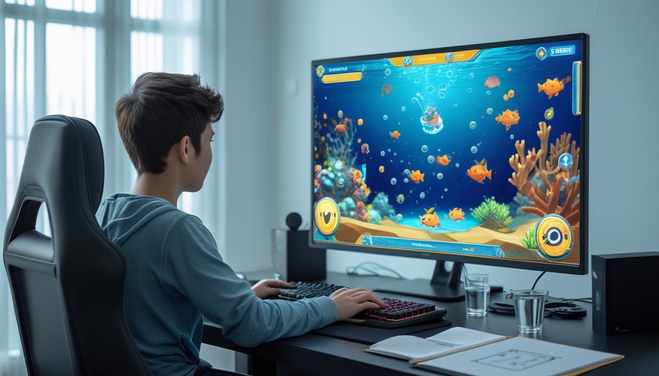 Pemula memainkan permainan tembak ikan 2D di komputer dengan suasana belajar yang nyaman.