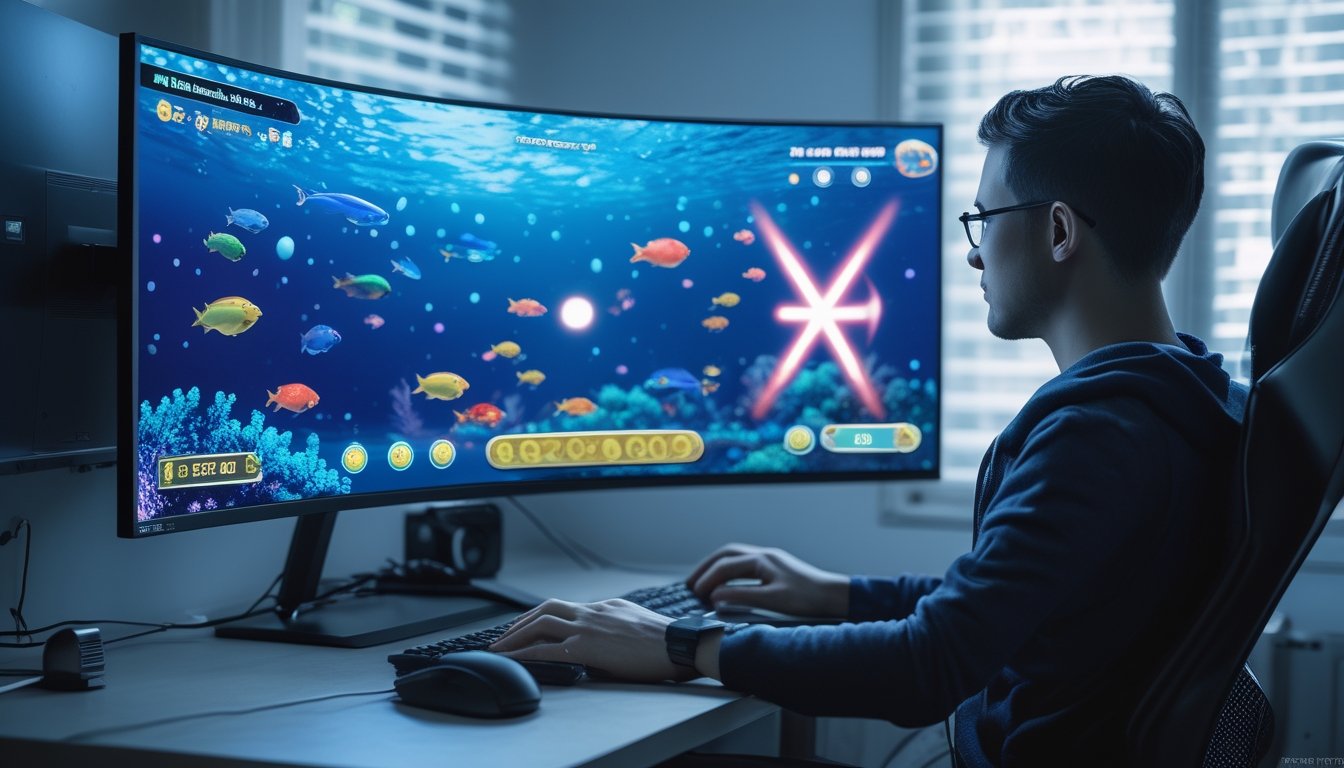 Pemula memainkan permainan tembak ikan 2D di komputer sambil mengamati berbagai target ikan dan indikator permainan.