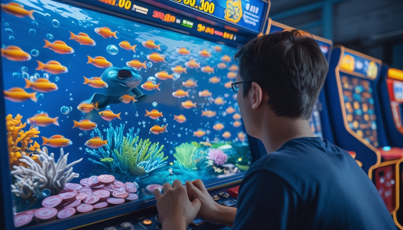 Seorang pemain mengamati permainan arcade bertema ikan dengan beberapa token di samping kendali.