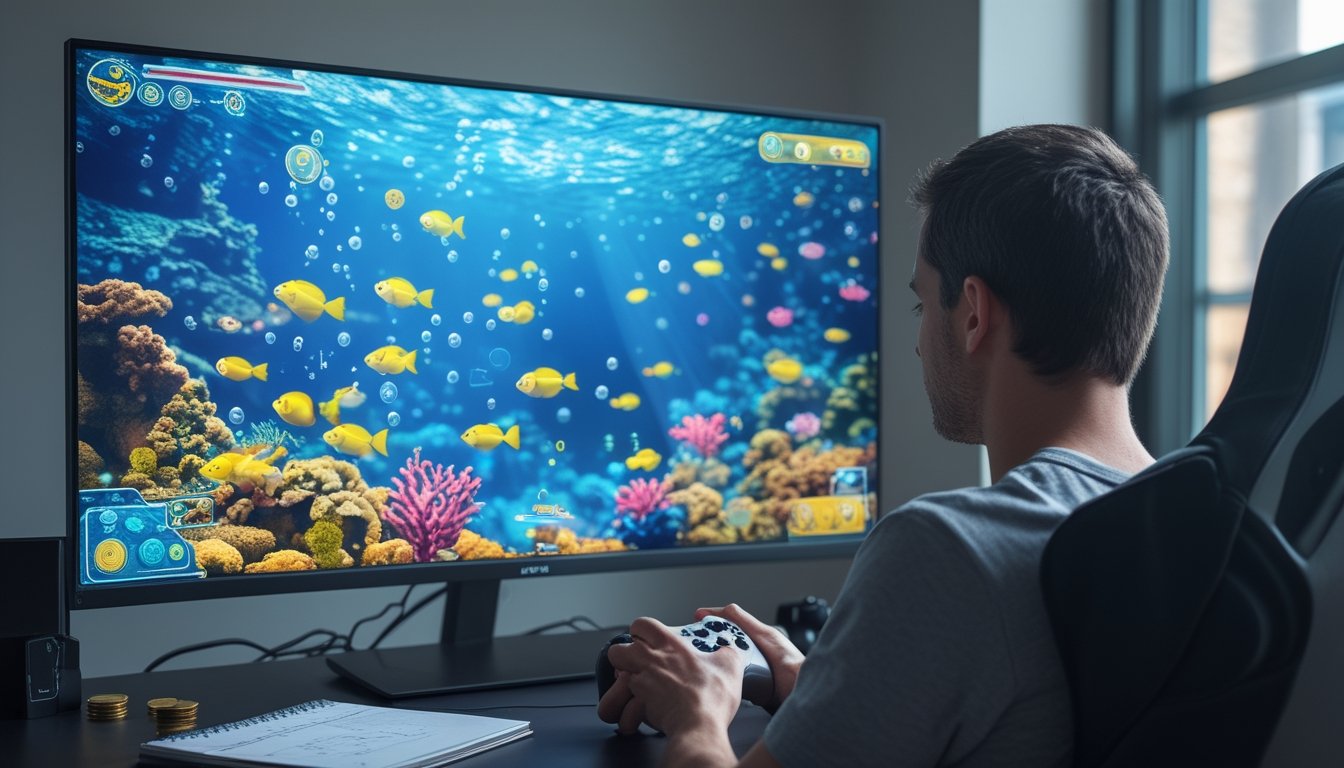 Seseorang mempelajari permainan tembak ikan 2D di depan monitor dengan catatan strategi dan beberapa koin di meja.