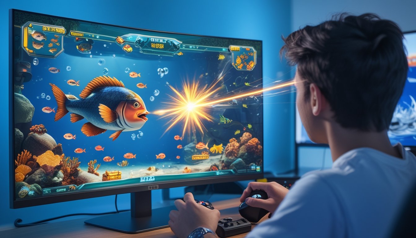 Pemain menargetkan ikan bos besar dalam permainan menembak ikan bertema bawah laut.