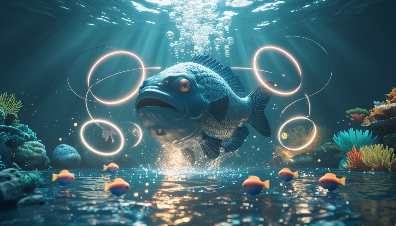 Ikan bos besar dikelilingi ikan-ikan kecil dan efek cahaya dinamis di bawah laut.