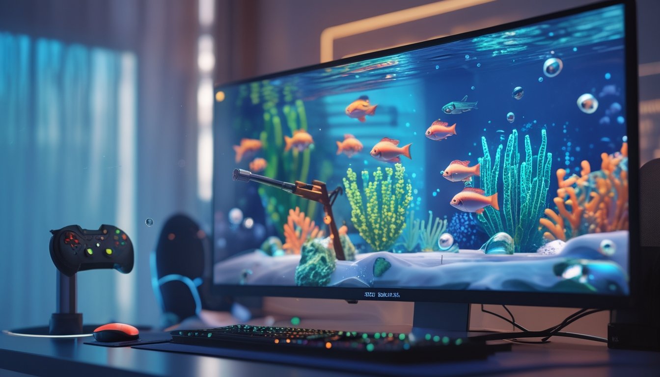 Monitor menampilkan permainan menembak ikan 2D dengan koin dan perlengkapan gim di meja.