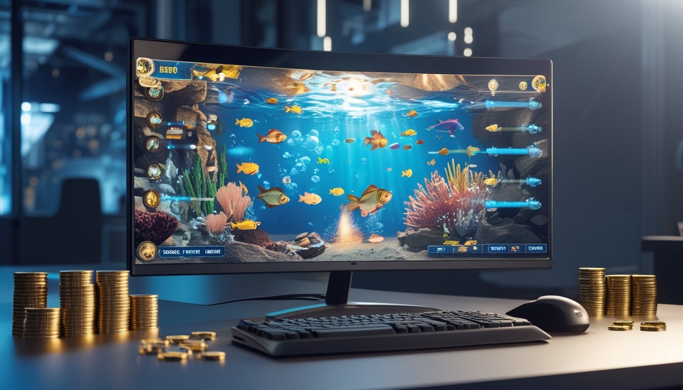 Monitor menampilkan permainan tembak ikan dengan koin emas dan efek senjata di meja gaming.