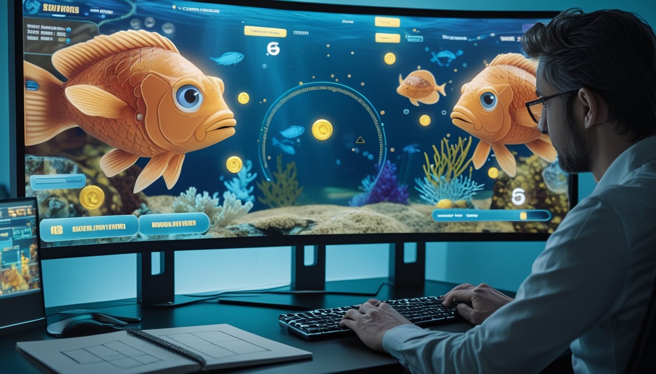 Seorang analis mengamati permainan tembak ikan 2D dan grafik analisis peluang di layar komputer.