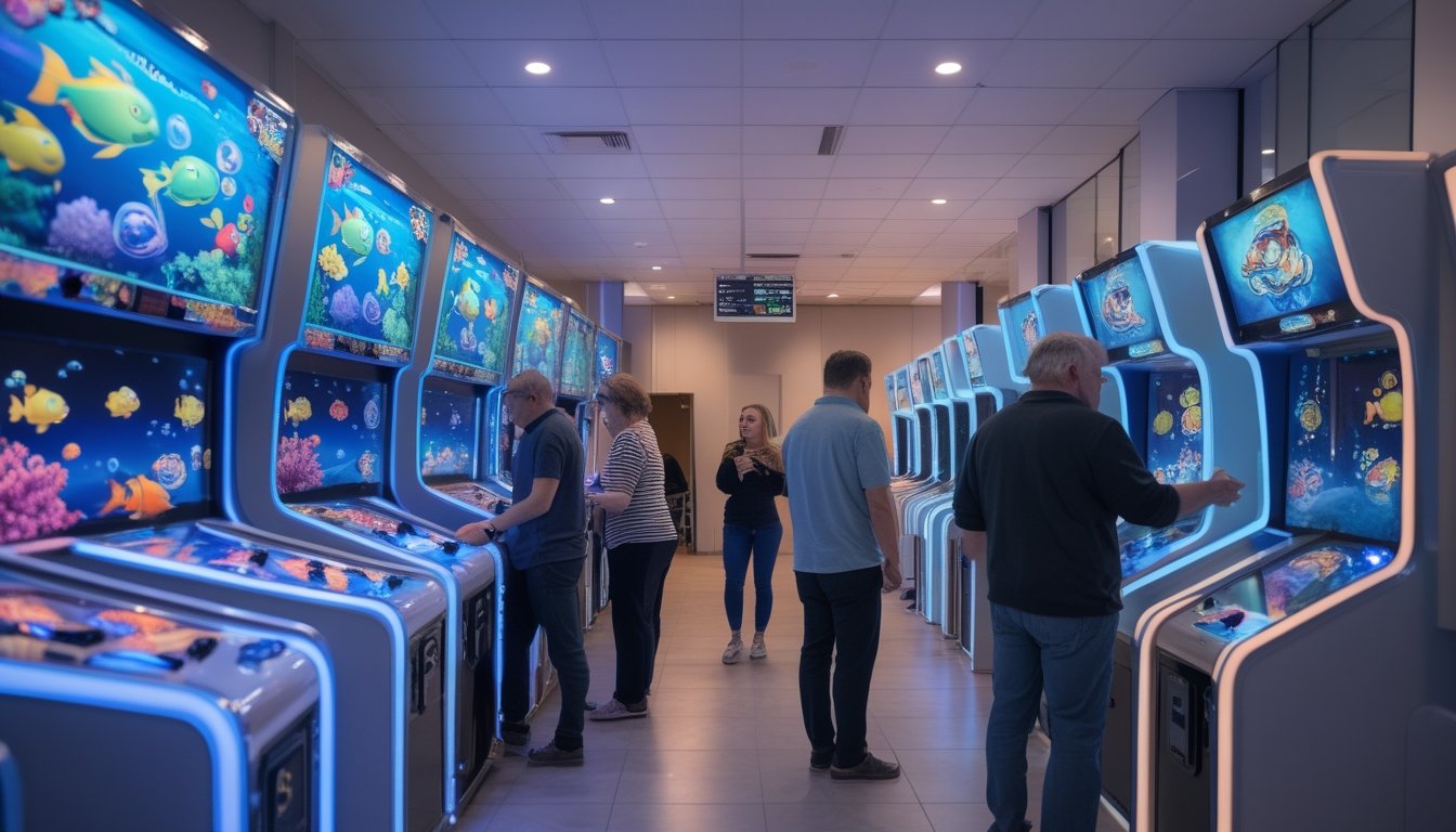Orang dewasa menikmati permainan arcade bertema ikan di tempat hiburan modern yang tertata rapi.