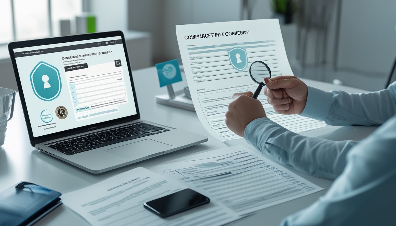 Analis keamanan meninjau dokumen verifikasi dan antarmuka platform digital di meja kerja.