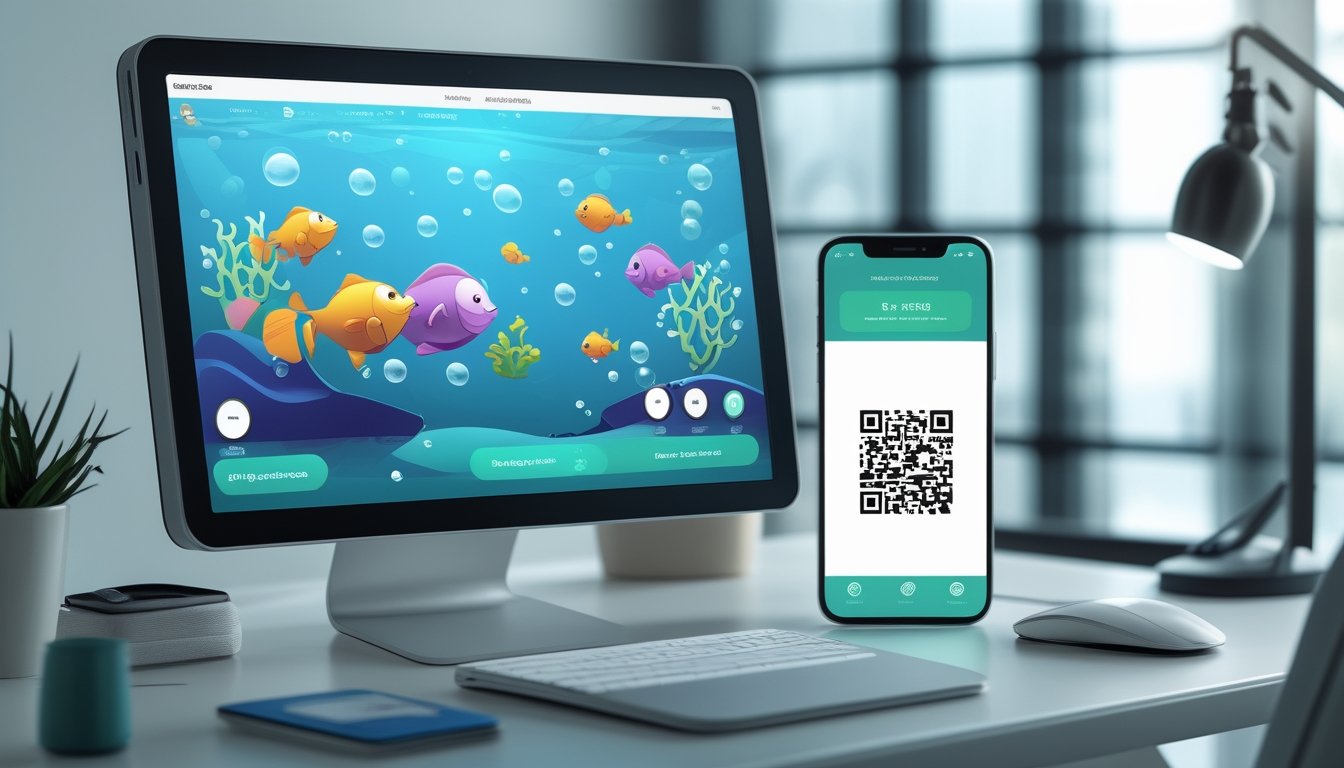 Ponsel menampilkan permainan memancing 2D di samping perangkat dengan tampilan pemindaian pembayaran QR.