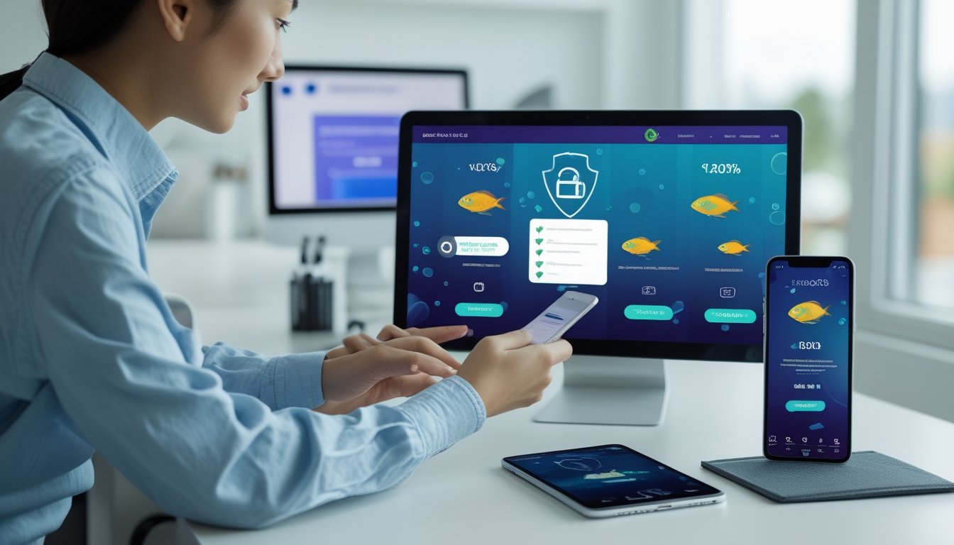 Seseorang meninjau platform permainan digital di meja kerja dengan simbol keamanan dan pembayaran QR.